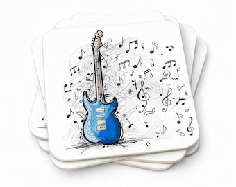 Guitar and Music Notes Drink Coasters, Square, Cork, 9.5 x 9.5 Centimetres, Set of 4