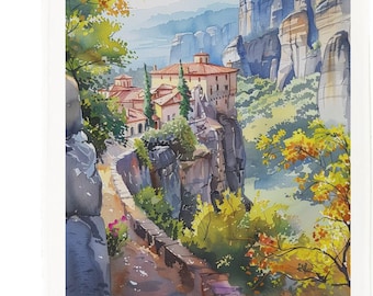 Thessaly Greece Cotton Tea Towel – Scenic Meteora Monastery Landscape Kitchen Cloth