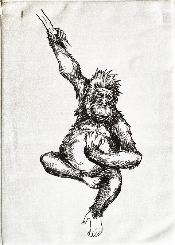 The Swinging Monkey - hand drawn Retro Style Large Cotton Tea Towel