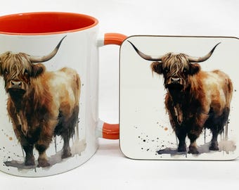 Highland Cow Mug and Coaster Set, Watercolor Scottish Cattle, Orange Interior