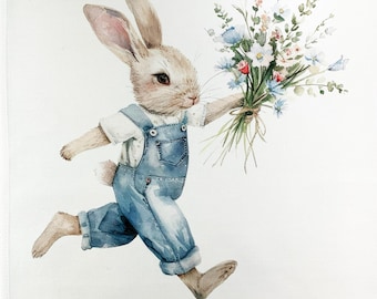 Rabbit in dungarees with flowers large cotton tea towel