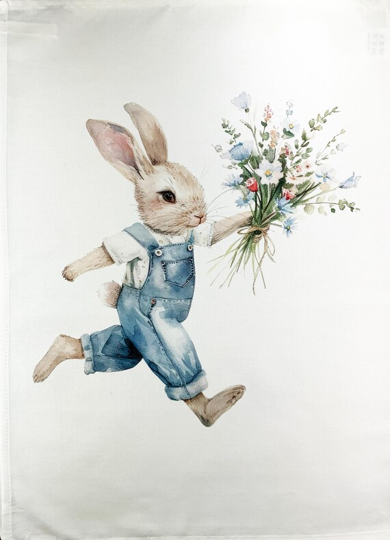 Rabbit in dungarees with flowers large cotton tea towel