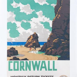 May include: A vintage travel poster advertising Cornwall, depicting a beach with rock formations, a turquoise sky, and the word "Cornwall." The poster includes the text "Monthly Return Tickets - Penny a Mile - Issued All the Year Round" and the GWR logo.