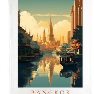 May include: A white rectangular wall hanging featuring a stylized illustration of Bangkok, Thailand. The artwork depicts a river scene with temples, buildings, and boats, rendered in warm tones. The word "BANGKOK" and "THAILAND" are printed at the bottom.