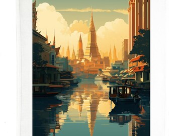 Bangkok Thailand Large Cotton Tea Towel, White, 47x65cm, Rectangular Kitchen Cloth with Hanging Loop