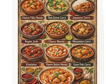 Types of Curry Cotton Tea Towel – Illustrated World Curry design