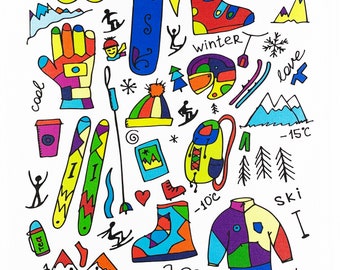 Skiing and Snowboarding Large Cotton Tea Towel