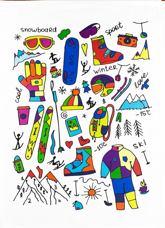Skiing and Snowboarding Large Cotton Tea Towel