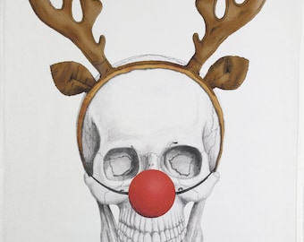 From the Skullery. Festive Skull with antler deeley boppers Large Cotton Tea Towel