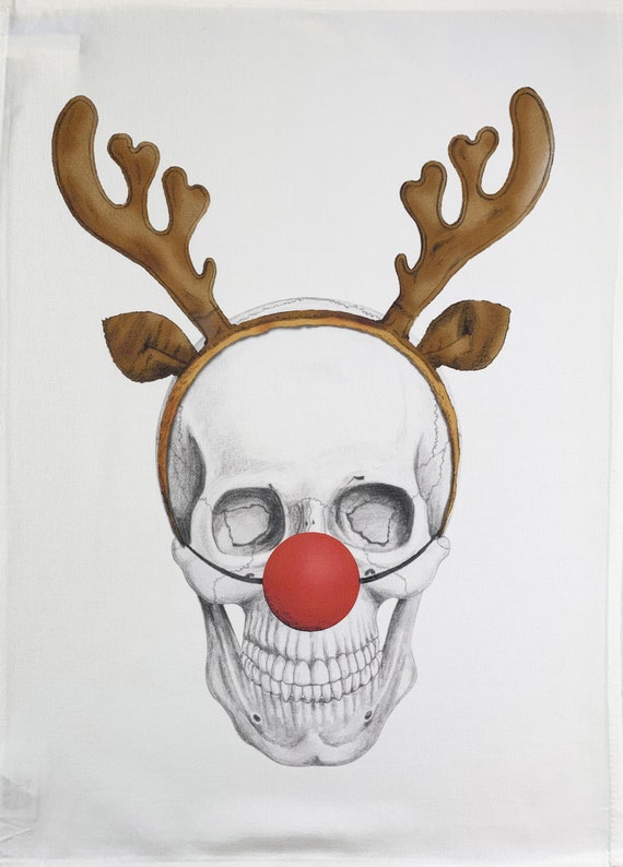 From the Skullery. Festive Skull with antler deeley boppers Large Cotton Tea Towel