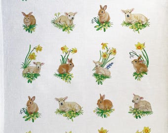 Bunnies and Lambs amongst the daffodils large cotton tea towel