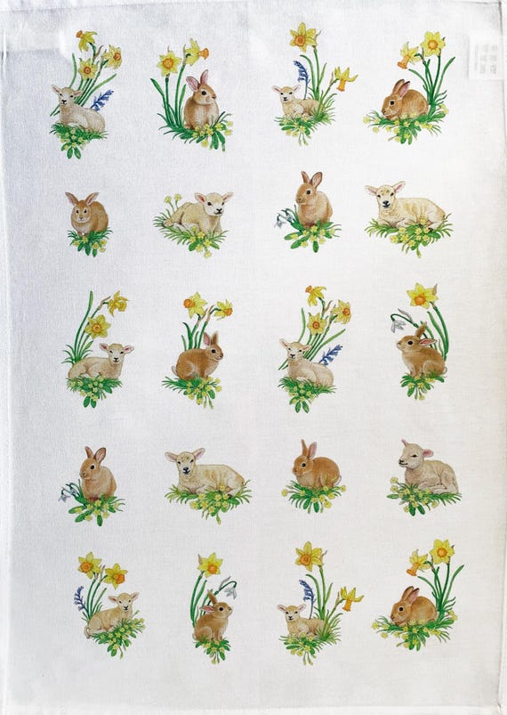 Bunnies and Lambs amongst the daffodils large cotton tea towel