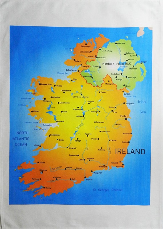 Colourful Map of Ireland and Northern Ireland - Large Cotton Tea Towel