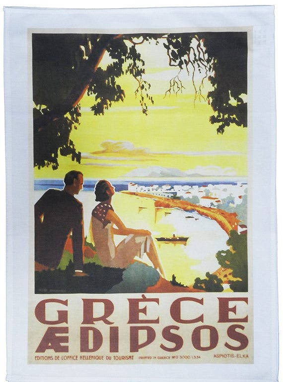 Edipsos, Greece - Retro Style Travel Poster Large Cotton Tea Towel