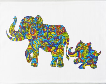 Colourful Elephant Family - Large Cotton Tea Towel