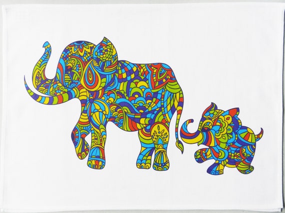 Colourful Elephant Family - Large Cotton Tea Towel