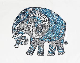 The Blue Zentangle Elephant Design - Large Cotton Tea Towel
