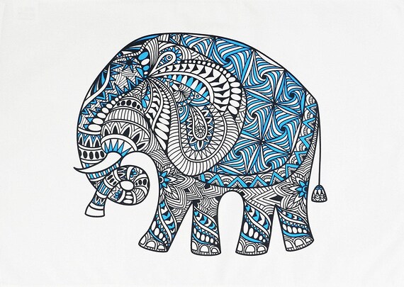 The Blue Zentangle Elephant Design - Large Cotton Tea Towel