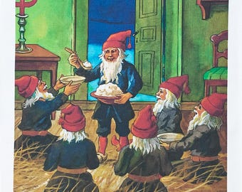 Christmas Breakfast with the Gnomes large cotton tea towel