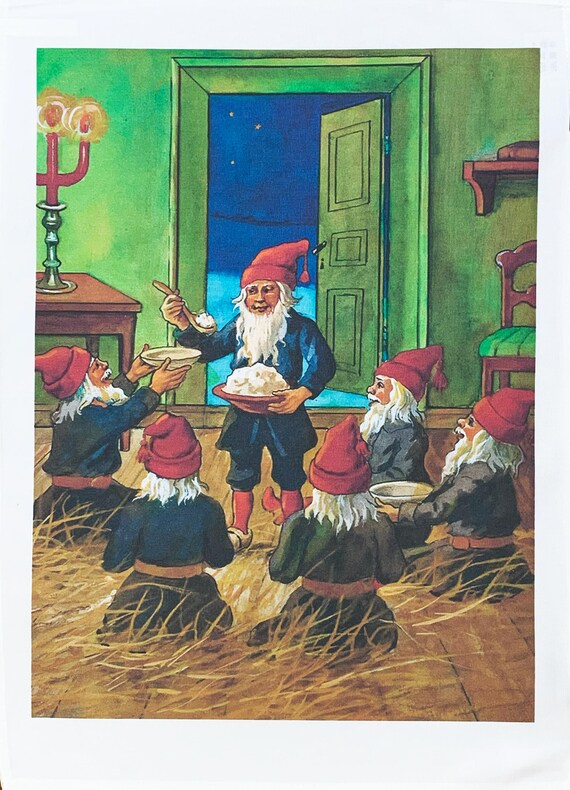 Christmas Breakfast with the Gnomes large cotton tea towel