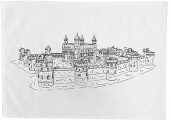 The Tower of London - hand drawn image on Large Cotton Tea Towel