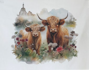 Pair of Highland Cows Large Cotton Tea Towel