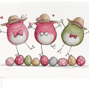 May include: An illustration of three cartoon frogs in straw hats and bow ties, each a different colour, dancing above a row of Easter eggs. The frogs are pink and green, with a row of eggs in various colours.