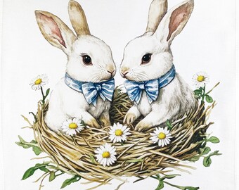 Bunnies in the nest large cotton tea towel