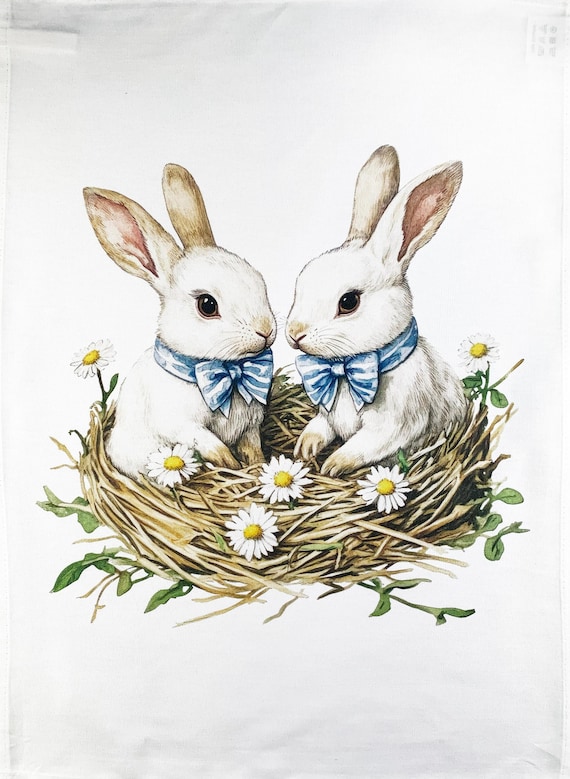Bunnies in the nest large cotton tea towel