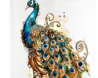 Large Cotton Peacock Tea Towel, White, 65 x 47 cm, assorted designs
