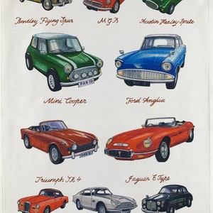 Hand Drawn British Classic Cars Large Cotton Tea Towel