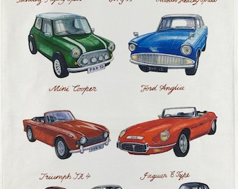 Hand Drawn British Classic Cars Large Cotton Tea Towel