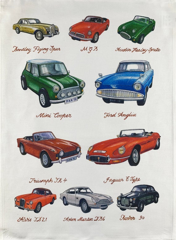 Hand Drawn British Classic Cars Large Cotton Tea Towel