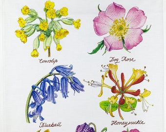 Hand Drawn Wild Flowers Collection Large Cotton Tea Towel