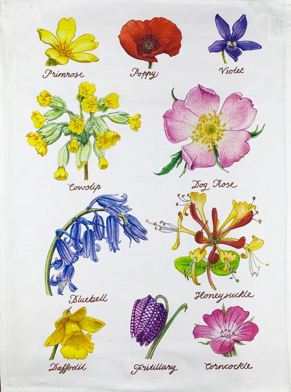 Hand Drawn Wild Flowers Collection Large Cotton Tea Towel