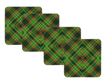 Green Tartan Plaid Cork Coasters, Square, 9.5 x 9.5 Centimetres, Set of 4