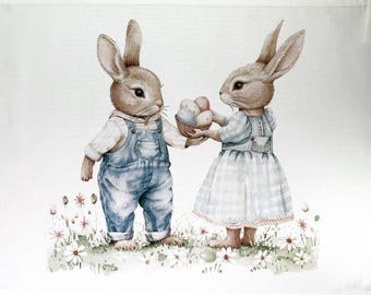 Easter Bunnies couple with eggs large cotton tea towel