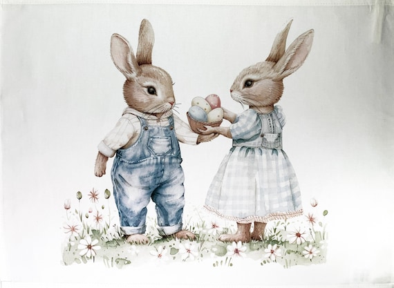 Easter Bunnies couple with eggs large cotton tea towel
