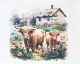 Cow & Calf Down at the Farm large cotton tea towel