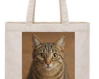 Tabby Cat Portrait Tote Bag, Natural Unbleached Cotton Canvas (380x420x120mm)