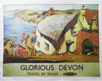 Glorious Devon - Retro Style Travel Poster Large Cotton Tea Towel