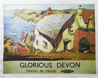 Glorious Devon - Retro Style Travel Poster Large Cotton Tea Towel