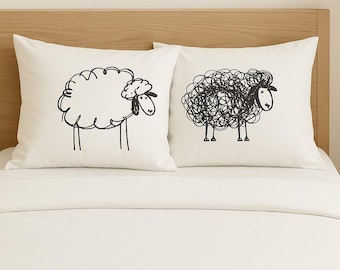 Set of 2 Sheep Cotton Percale Pillowcases, Black and White Sheep Design