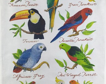Hand Drawn Tropical Birds Collection Large Cotton Tea Towel