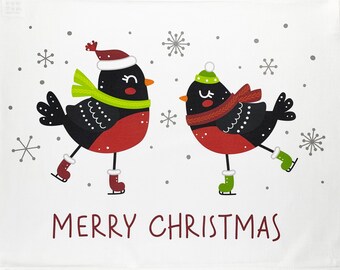 The Skating Robins Large Cotton Tea Towel