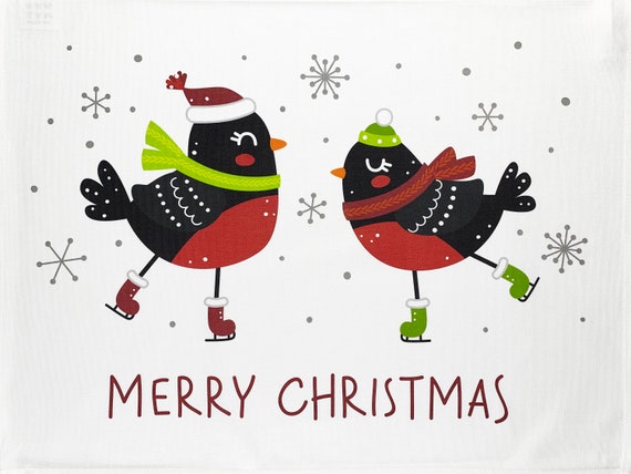 The Skating Robins Large Cotton Tea Towel