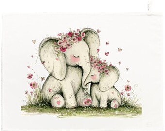 Mummy and Baby Elephant Tea Towel, 100% Cotton, assorted designs