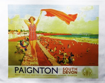 Paignton, South Devon - Retro Style Travel Poster Large Cotton Tea Towel