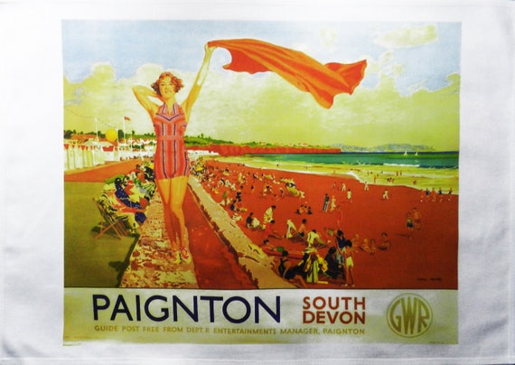Paignton, South Devon - Retro Style Travel Poster Large Cotton Tea Towel