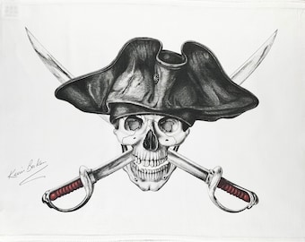 Half a Donkey Hand Drawn Pirate Skull in a Tricorn Hat Large Cotton Tea Towel